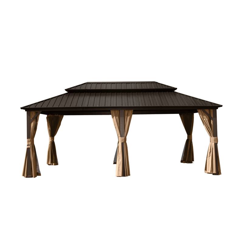 12' x 20' Outdoor Aluminum Hardtop Gazebo with Galvanized Steel Double Roof with Curtain and Netting - Brown
