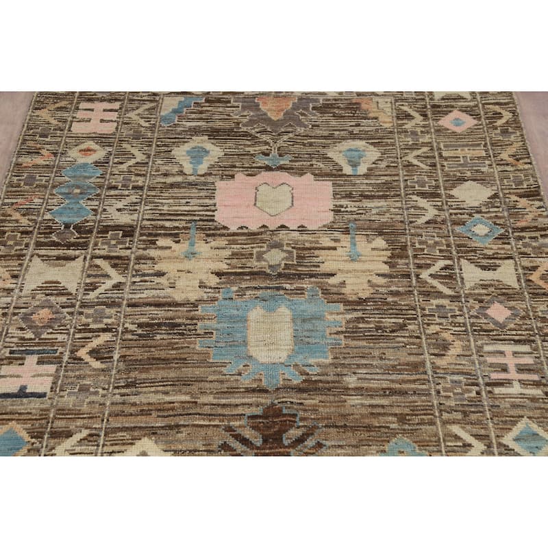 Vegetable Dye Oushak Turkish Rug Handmade Brown Floral Wool Carpet - 5'8" x 7'10"