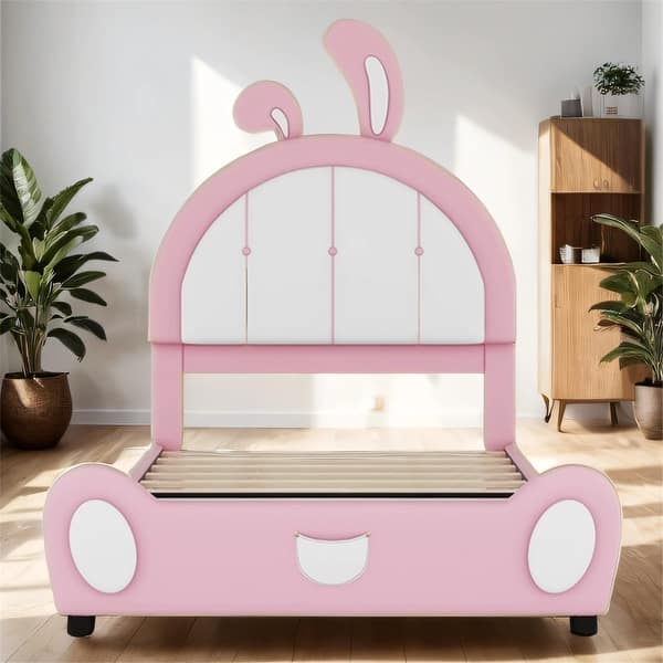 slide 2 of 26, Twin Size Upholstered Platform Bed with Rabbit Shaped Headboard