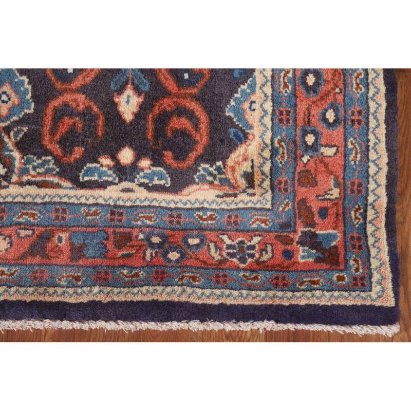 Hand Knotted Oriental 100% Wool Carpet Traditional Geometric Navy Blue & Blues Mahal Runner Rug - 10' 8'' X 3' 5''