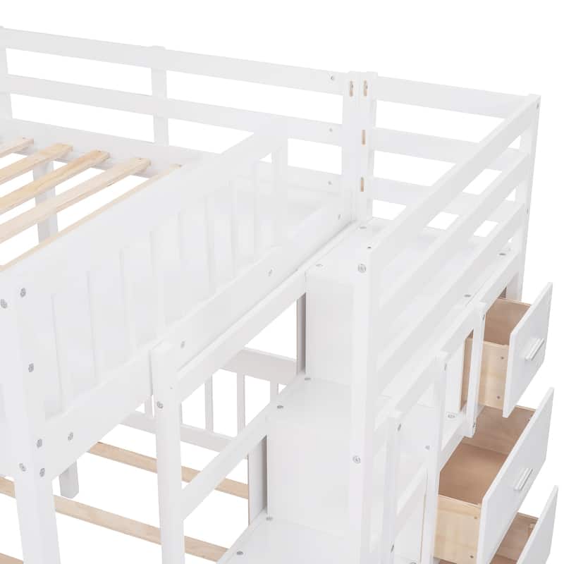 Roomfitters Full Over Twin & Twin Wood Triple Bunk Bed with Drawers and Guardrails