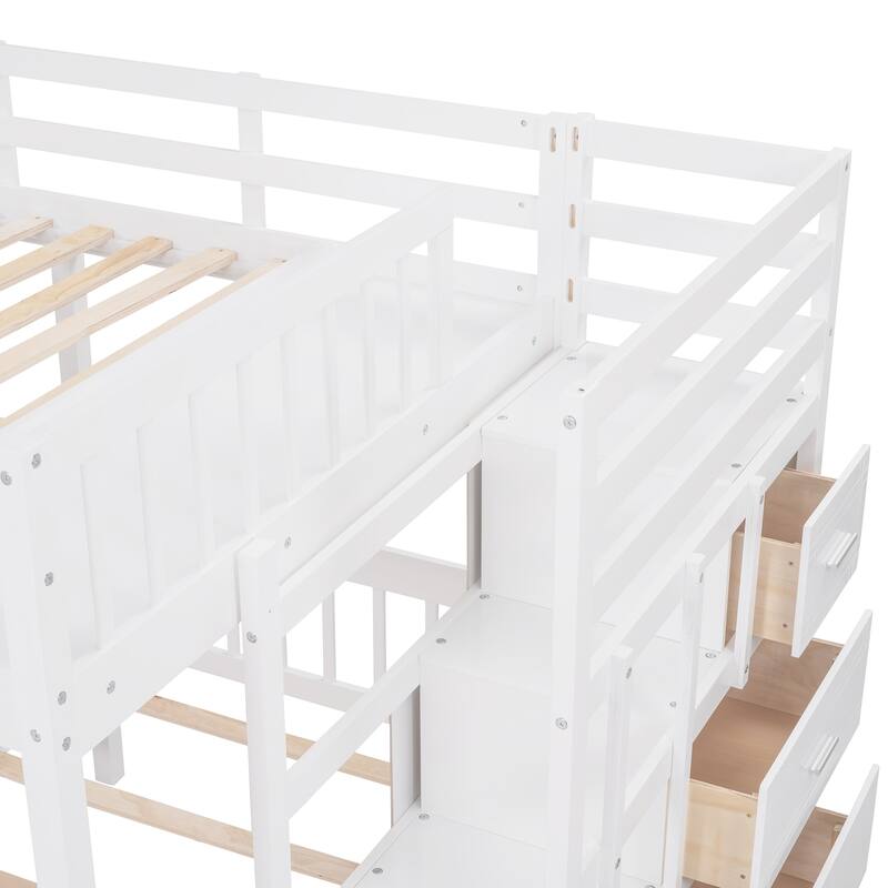 White Wood Triple Bunk Bed with Drawers - Full Over Twin & Twin, Space-Saving Design