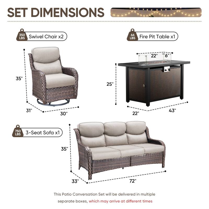 Pocassy Patio Sofa Swivel Chair Set with 43" Fire Pit Table