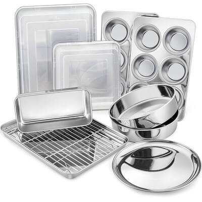 12-Piece Stainless Steel Baking Pans Set, Kitchen Bakeware Set, Include Baking Sheet with Rack, Round/Square Cake Pan