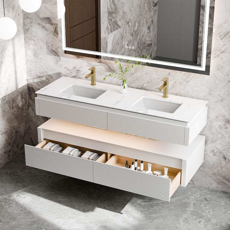 Modland 60" Modern Wall-Mounted Double Sink Bathroom Vanity with Engineered Stone Countertop, Soft-Close Drawers