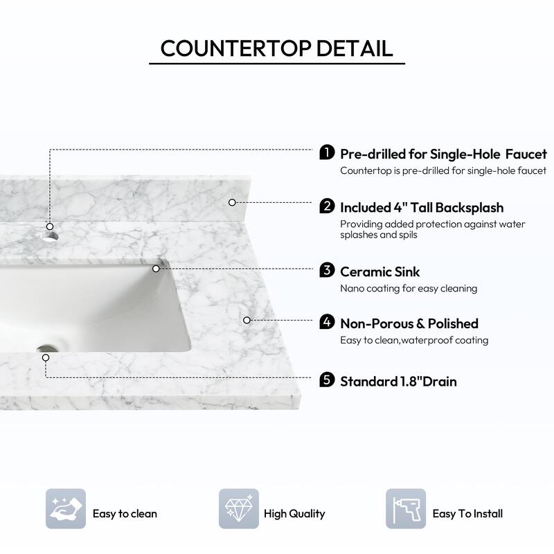 Zevio Natural Marble Vanity Top in Carrara White with Ceramic Sink