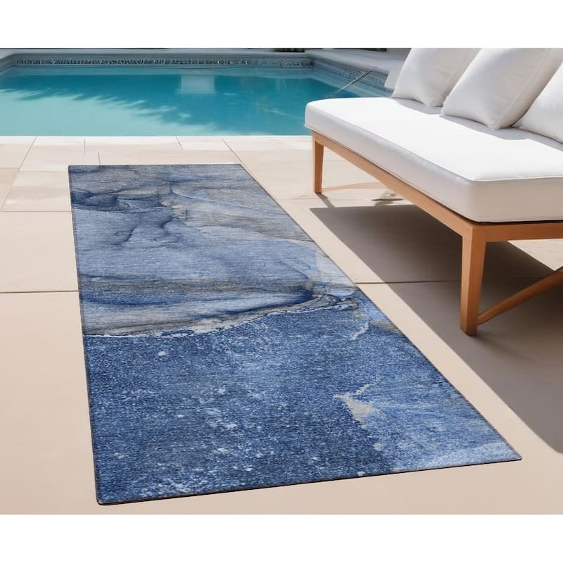 Fami Artistic Abstract Weather Resistant Versatile Elegance Outdoor Rug - 2' X 8' - Blue