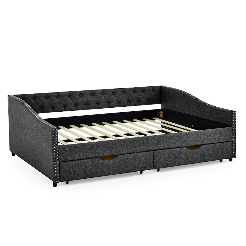 Queen Size Upholstered Tufted Daybed with Drawers and Copper Nail
