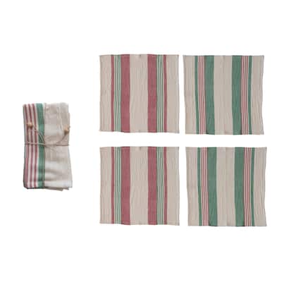 Cotton Napkins with Stripes and Jute and Wood Ring Tie, Set of 4