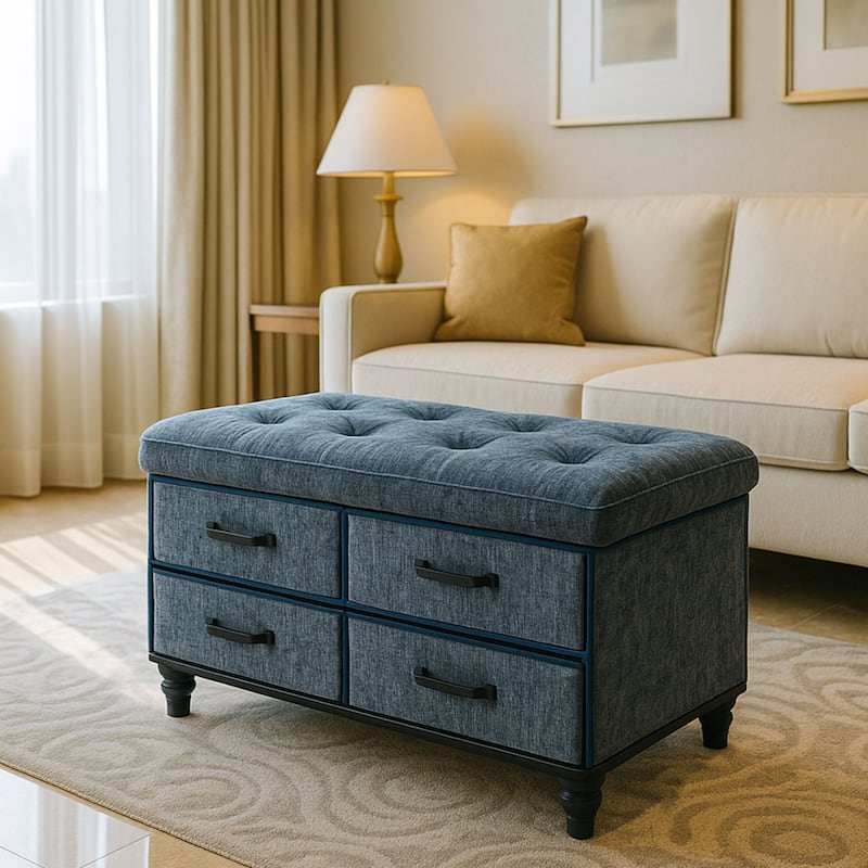 30 Inch Storage Ottoman With Four Drawers For Organized Home Use Storage