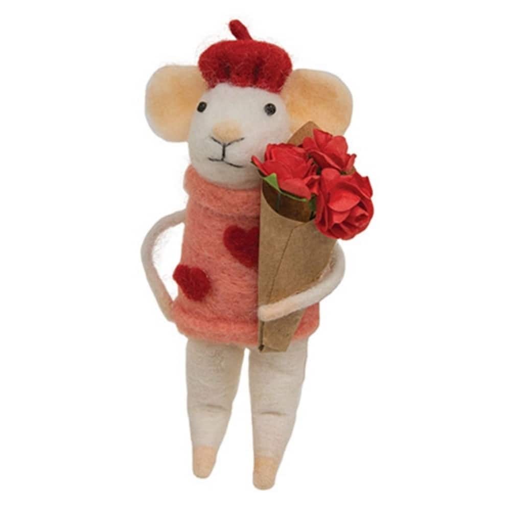 Felted Valentine Mouse Ornament with Roses and Heart Sweater - 5” x 2.25” x 1.75”