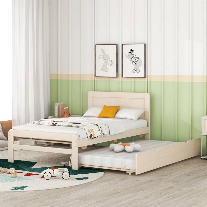 Modern Twin Size Wooden Platform Bed Frame with Trundle, Slats - Washed White