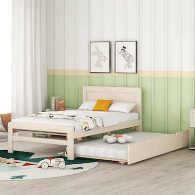 Modern Twin Size Wooden Platform Bed Frame with Trundle, Slats