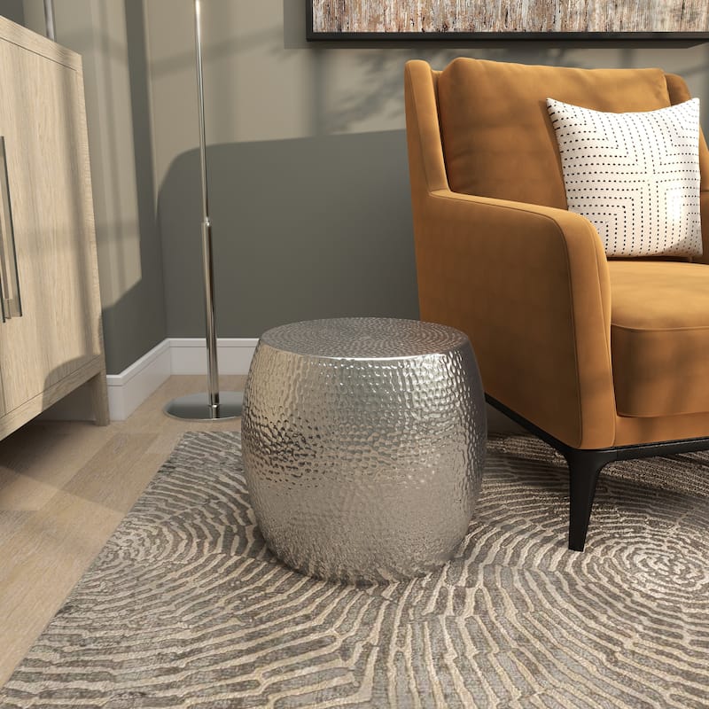 Silver Aluminum Metal Drum Shaped Accent Table with Hammered Design