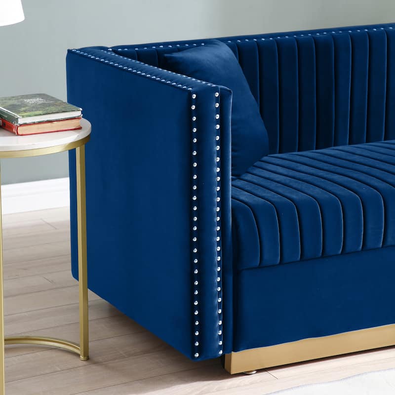 Velvet Sofa with Channel Tufting, Nailhead Trim - 3-Seater