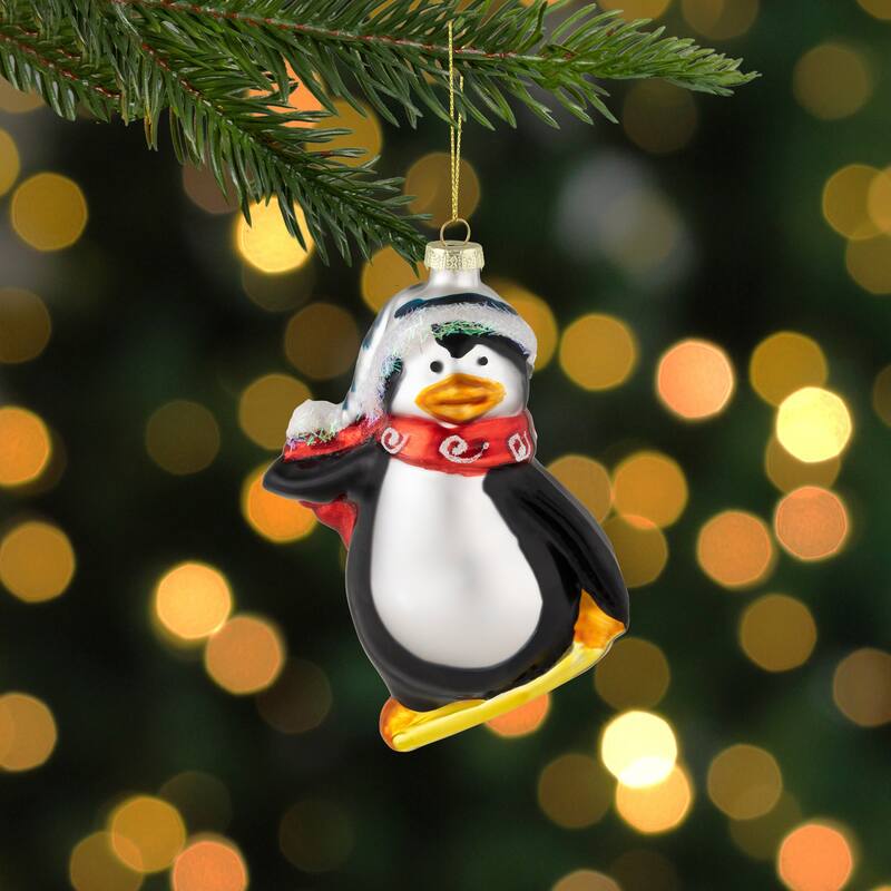 Snowboarding Penguin Glass Christmas Ornament - 4.25" - Black White and Red