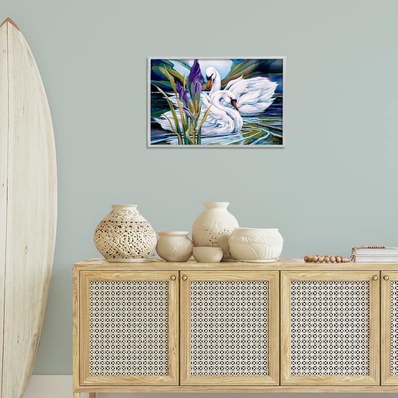 Stupell Swans with Abstract Pond Ripples Framed Giclee Art Design By Jody Bergsma