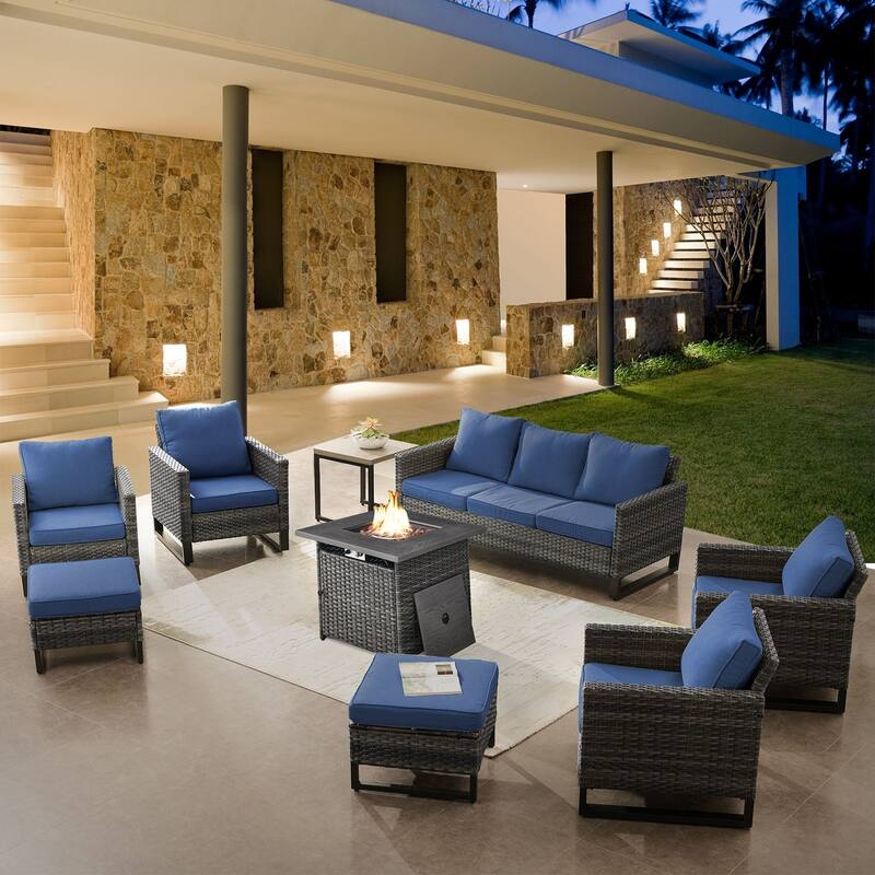 4 Patio Chairs with Sofa and Fire Pit Table - Grey - Blue