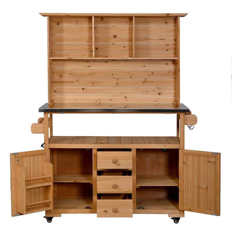 65" Outdoor Potting Bench with Stainless Steel Top, Rolling Garden Workstation with Hutch & Storage