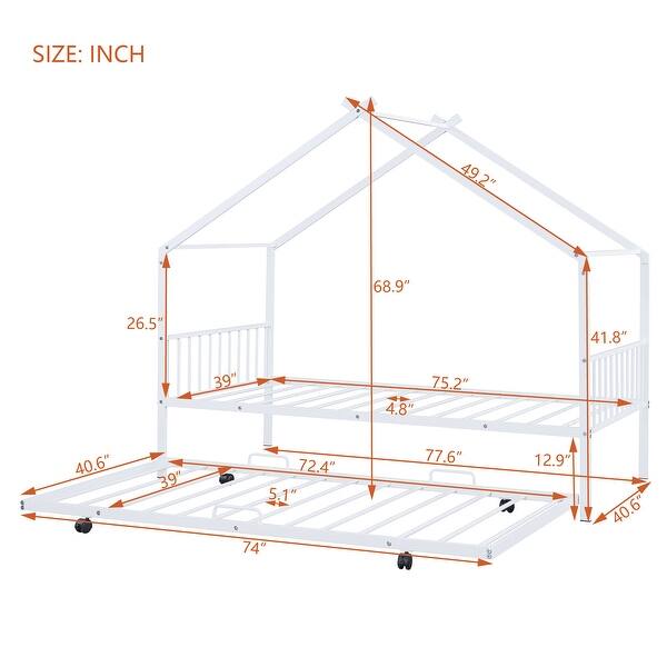 dimension image slide 1 of 3, Twin Size Metal House Bed with Twin Size Trundle