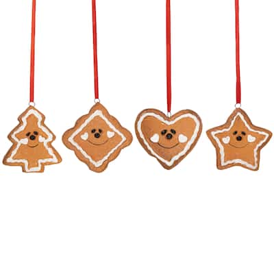 Set of 4 Smiling Gingerbread Heart Star Tree and Diamond Christmas Ornaments - 2.25"