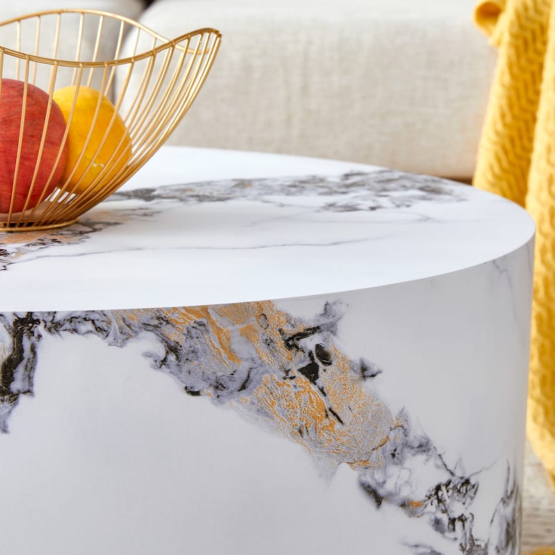 Round Faux Marble Coffee Table, Modern Drum Center Table Wood End Table for Living Room, Apartment, Office