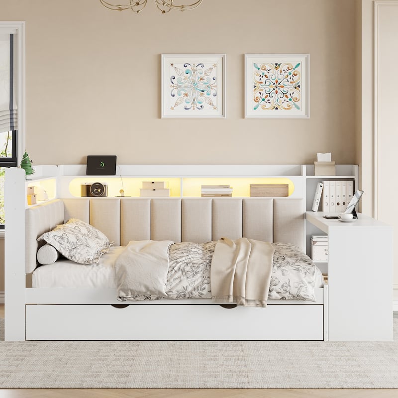 Full Size Daybed with Storage Shelves Built-in Charging Station LED Light, L-shape Upholstered Frame Sofa Bed with Cabinet, Desk