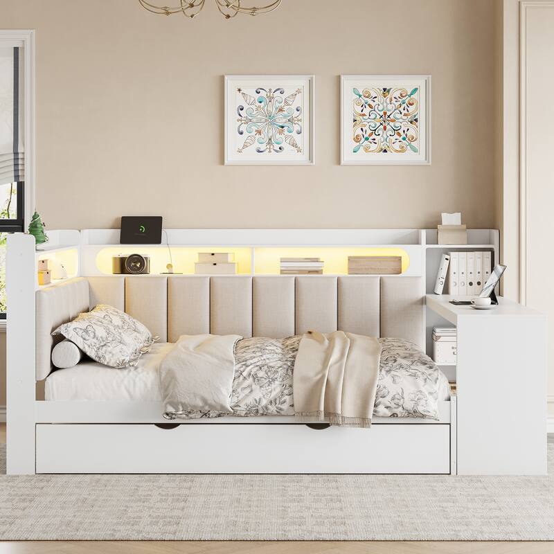 Roomfitters Full Daybed with Trundle, Charging Station and Upholstered Headboard