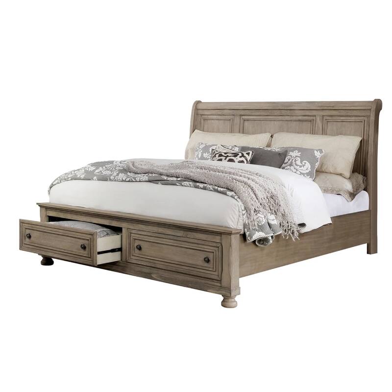 Ava King Bed with Footboard Storage and Bun Feet, Gray Solid Wood