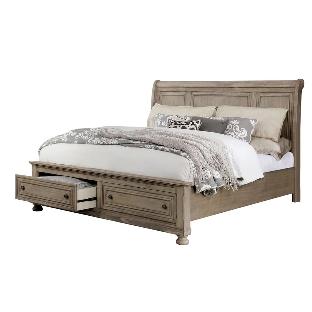 Ava King Bed with Footboard Storage and Bun Feet, Gray Solid Wood