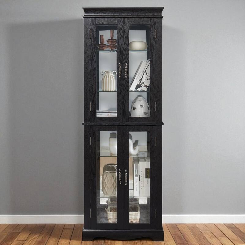 70" Lighted Glass Curio Display Cabinet with Wood Frame, Adjustable Shelves & Six-Tier Storage for Wine, Toys & Collectibles - Black