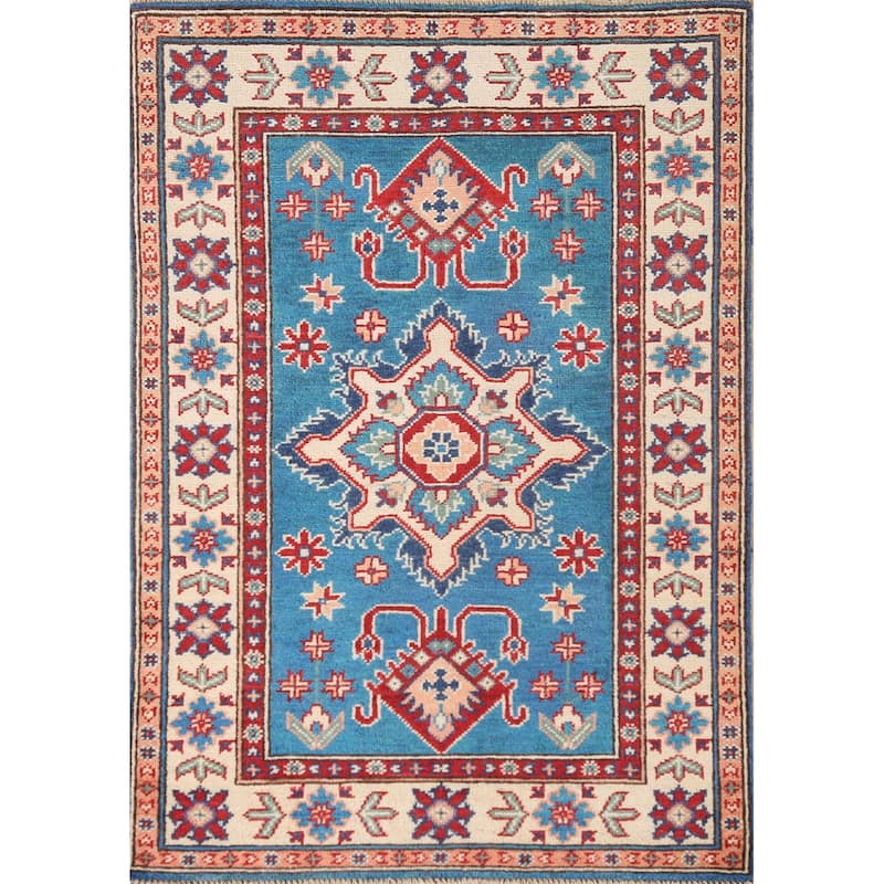 Blue Geometric Kazak Oriental Accent Rug Handmade Wool Carpet - 2'9" x 4'0"