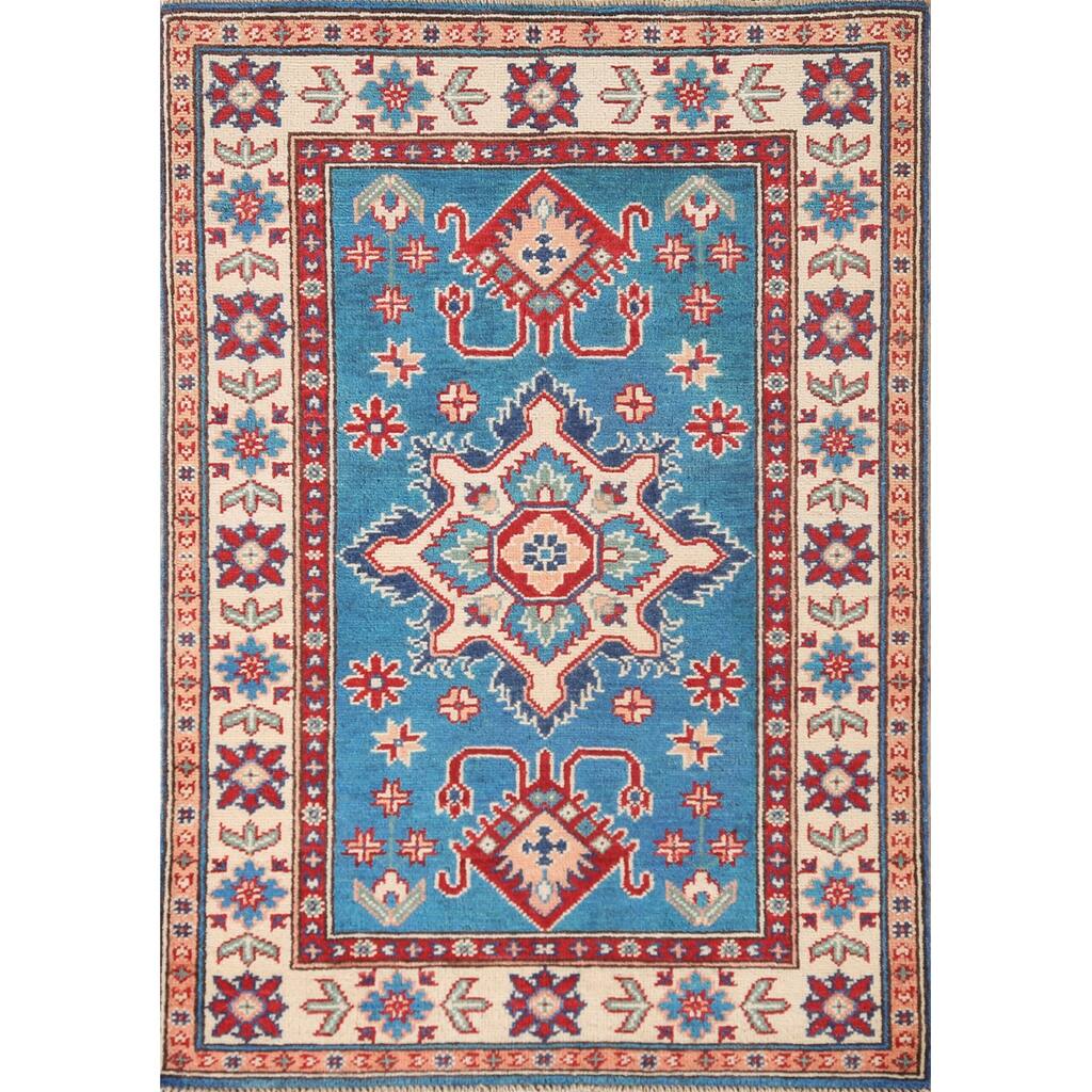 Blue Geometric Kazak Oriental Accent Rug Handmade Wool Carpet - 2'9" x 4'0"