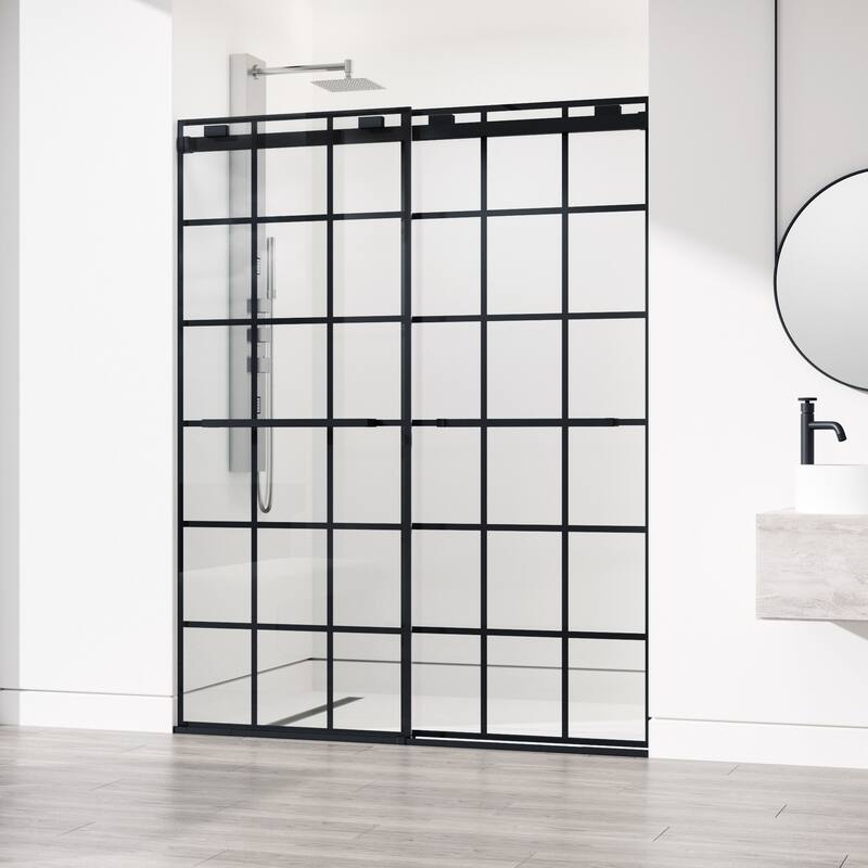 VIGO Houston Frameless Sliding Door - Shower Door, 56" to 60" W x 76" H - Matte Black Grid