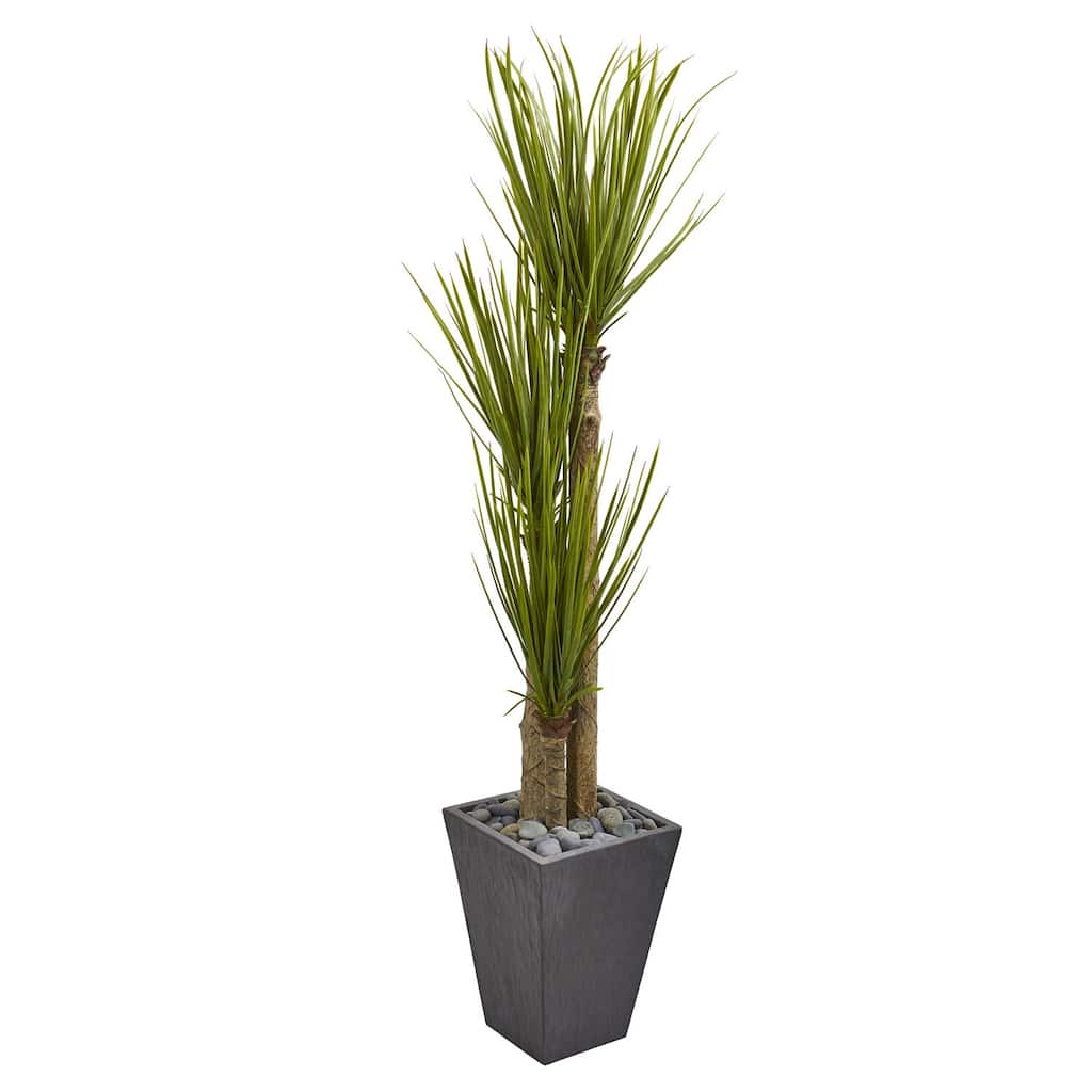 5.5ft Triple Stalk Yucca Artificial Plant with Green Leaves in Slate Planter for Modern Home Decor