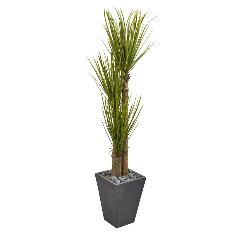 5.5ft Triple Stalk Yucca Artificial Plant with Green Leaves in Slate Planter for Modern Home Decor