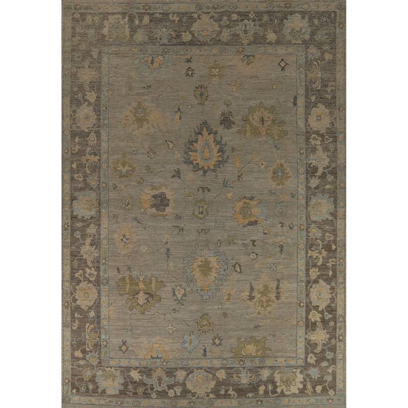 Vegetable Dye Oushak Turkish Area Rug Hand-Knotted Grey Wool Carpet - 8'10" x 11'10"
