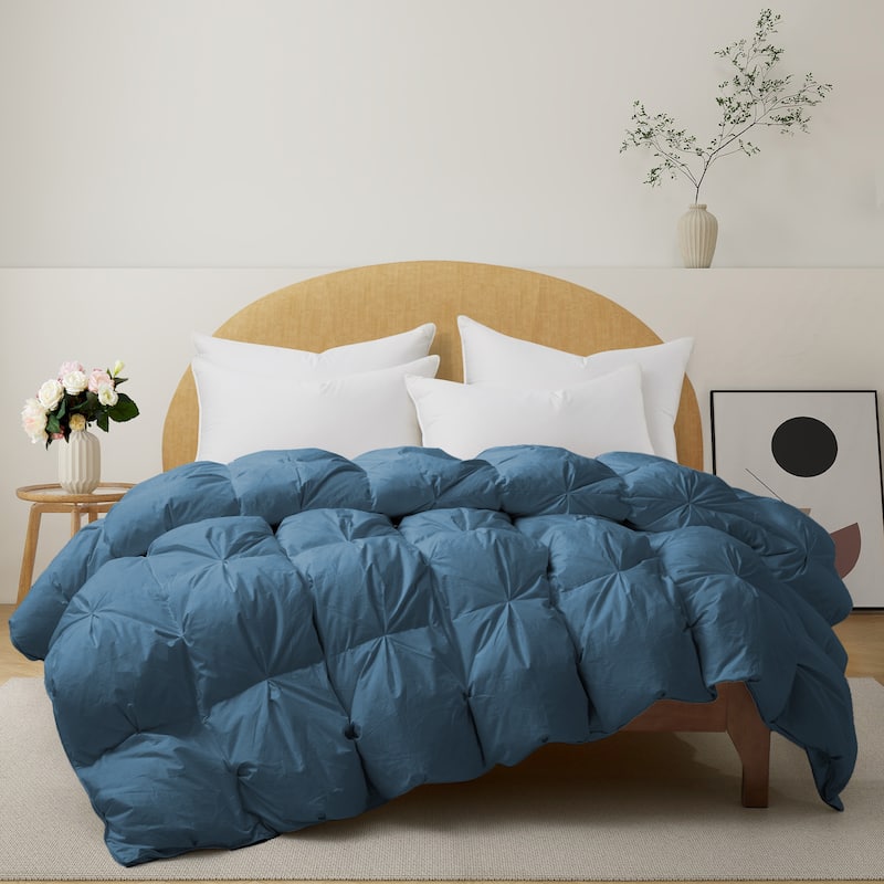 All Season White Goose Feather Down Gusseted Pintuck Pleat Comforter 100% Cotton Cover