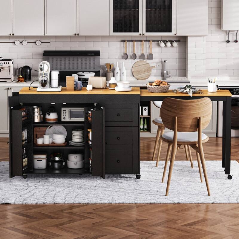 74.8" Kitchen Island with Extendable Dining Table, Rolling Kitchen Storage Cart with 3 Drawers, Power Out and Spice Rack