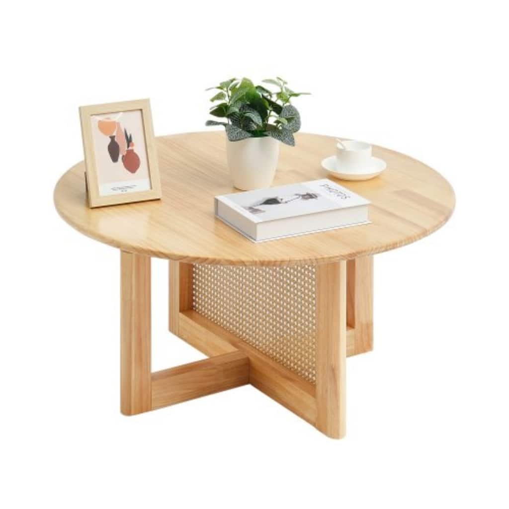 Natural Round Rattan Woven Coffee Table with Rubber Wood Base Suitable for Any Room - 33.5 x 33.5 x 16.5 in