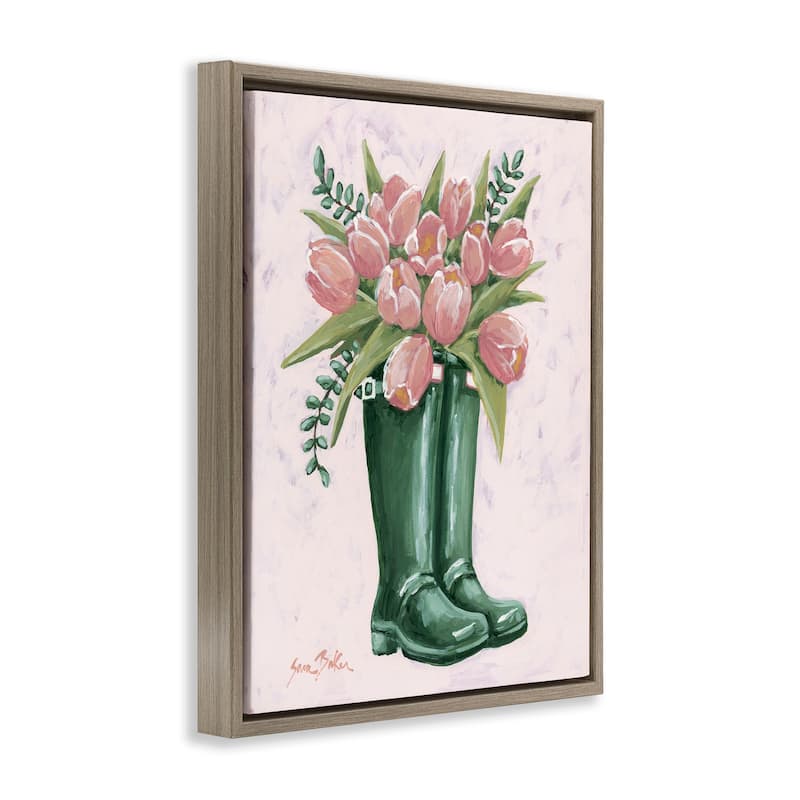 Stupell Pink Tulips in Boots Framed Floater Canvas Wall Art Design By Sara Baker