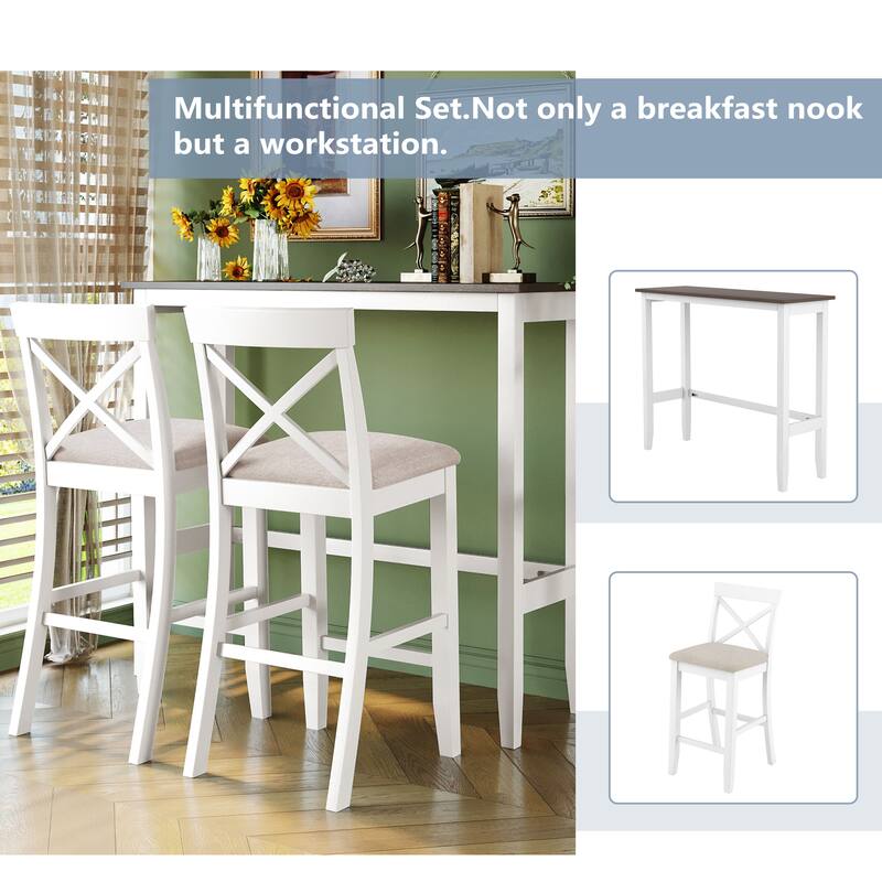 Farmhouse Rectangular Wood Bar Height Dining Set, 3-Piece Kitchen Breakfast Nook with 2 Chairs for Dining Room, Kitchen