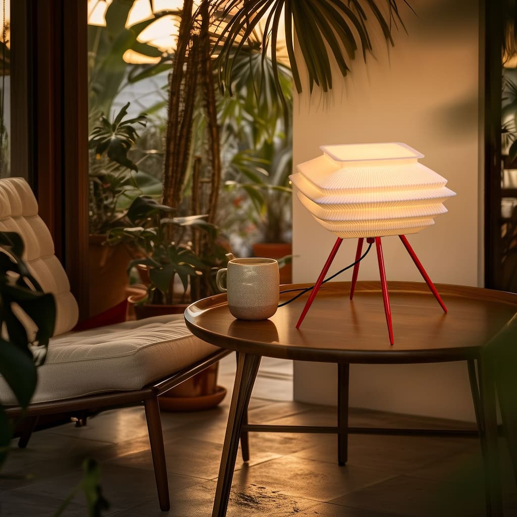 Sleek 3D Printed Table Lamp with Modern Pleated Shade & Red Tripod Base