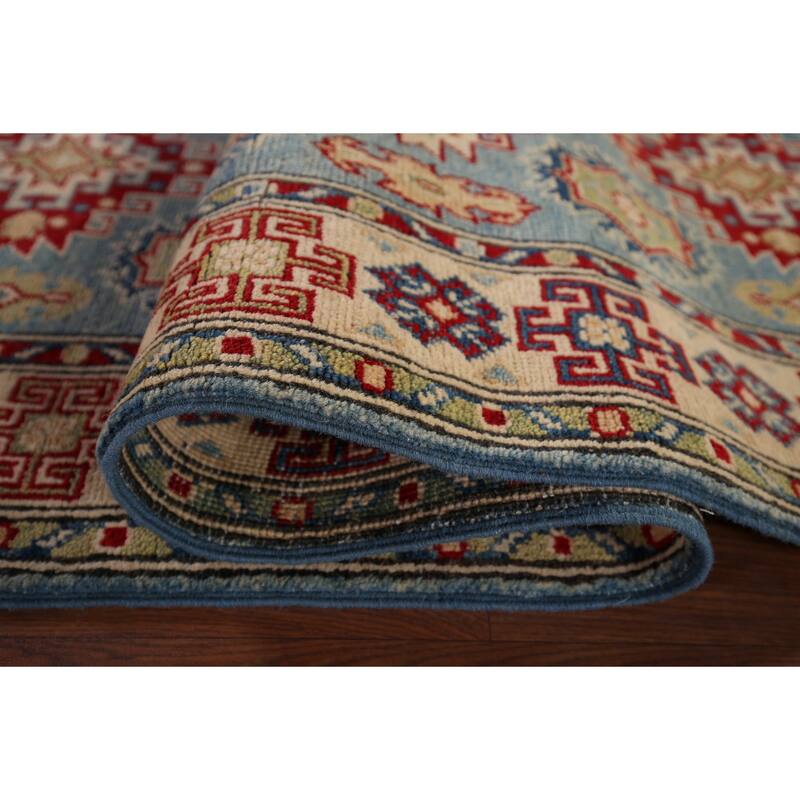 Light Blue Kazak Runner Rug Handmade Geometric Wool Carpet - 2'9" x 16'2"