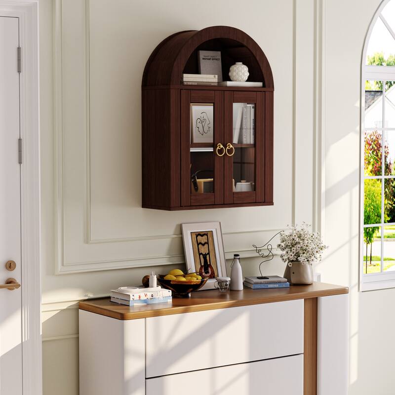 Wall Mounted Arched Cabinet with Glass Doors, Light and Adjustable Shelves for Laundry Room, Bathroom, Kitchen