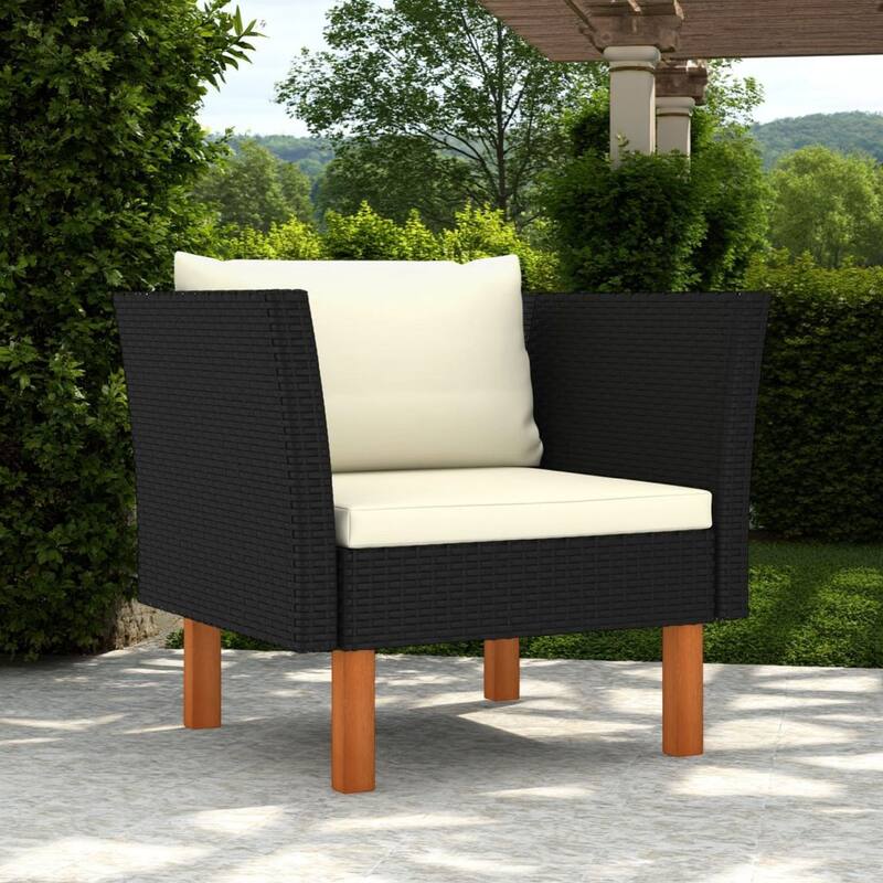 Outdoor Sofa Chair, Black Rattan, Ivory Cushions, Brown Wood 29 Inch