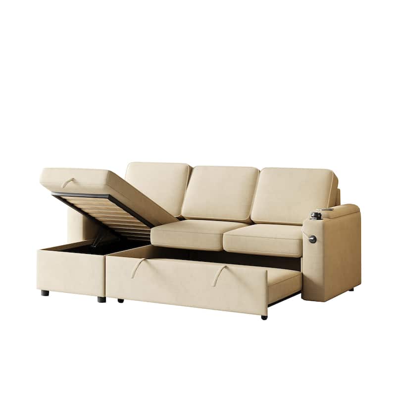 85.8" Fabric Sleeper Sectional 3-Seat Pull-Out Sofa Bed with Storage and USB Charging Port