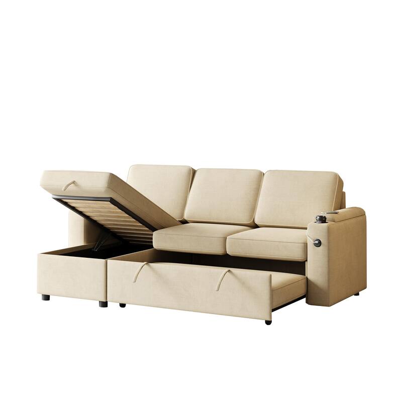 85.8" Fabric Sleeper Sectional Sofa with Storage & USB