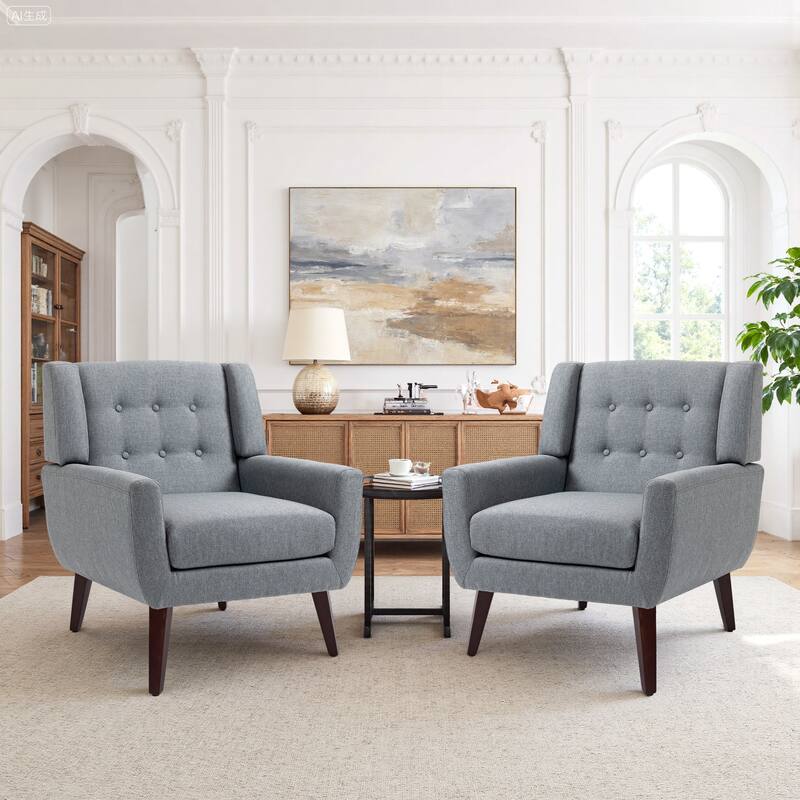 2 Set Modern Tufted Linen Upholstered Accent Chair Faux Leather Armchair