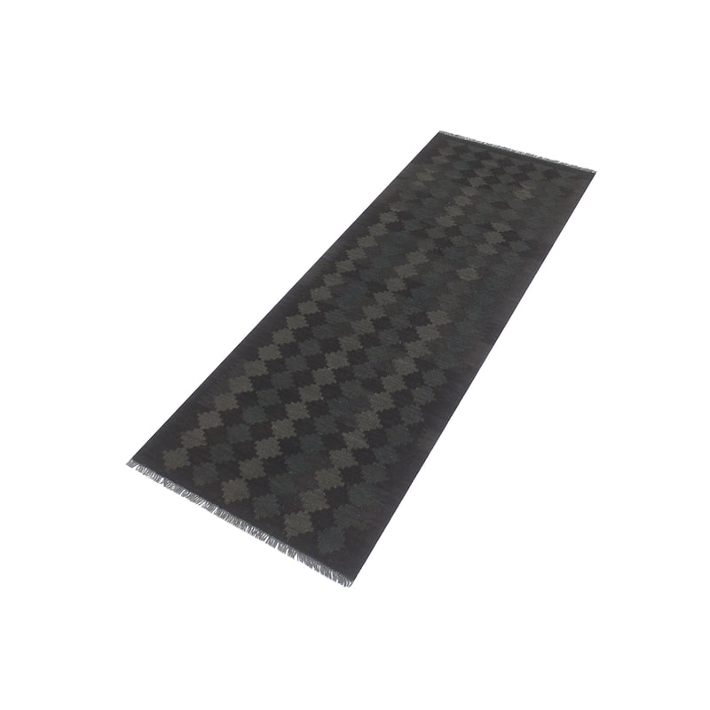 Boho Chic Turkish Kilim Ezra Black Green Hand-Woven Wool Runner - 2'9'' x 7'9''